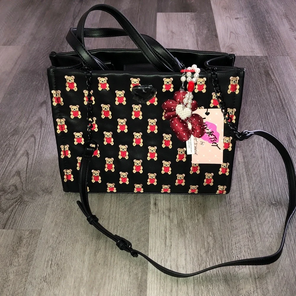 Luv Betsey Betsey Johnson Black Tote Bag Embroidered Teddy Bears + Bag Charm NWT